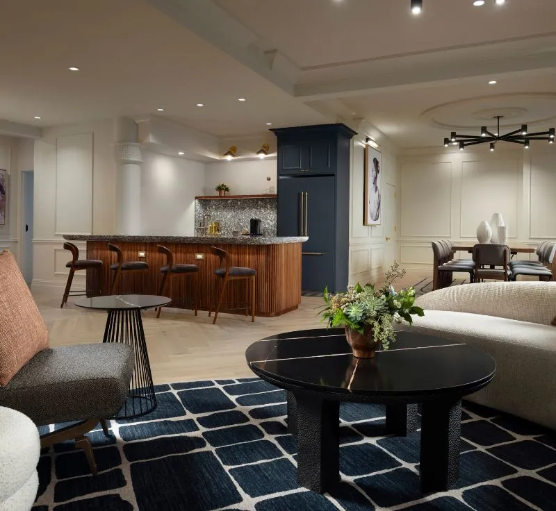 Conductor suite kitchen and seating area